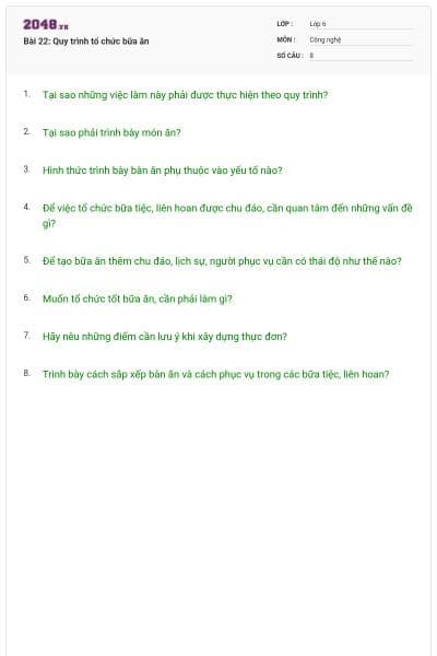 Bài 22: Quy trình tổ chức bữa ăn