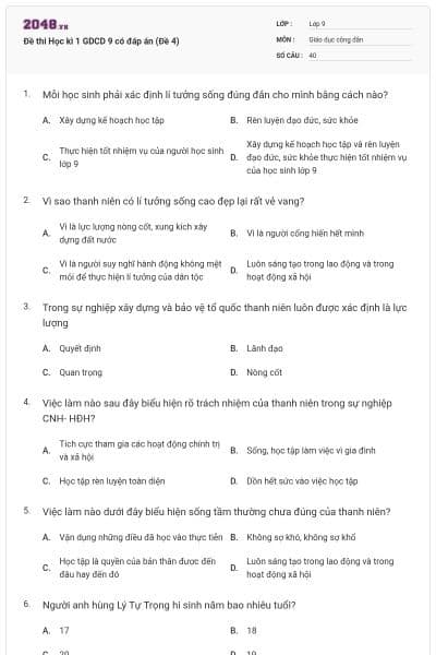 Đề thi Học kì 1 GDCD 9 có đáp án (Đề 4)