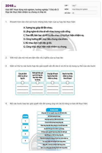 Giải SBT Hoạt động trải nghiệm, hướng nghiệp 7 Chủ đề 3: Hợp tác thực hiện nhiệm vụ chung có đáp án
