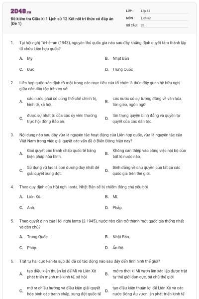 Đề kiểm tra Giữa kì 1 Lịch sử 12 Kết nối tri thức có đáp án (Đề 1)