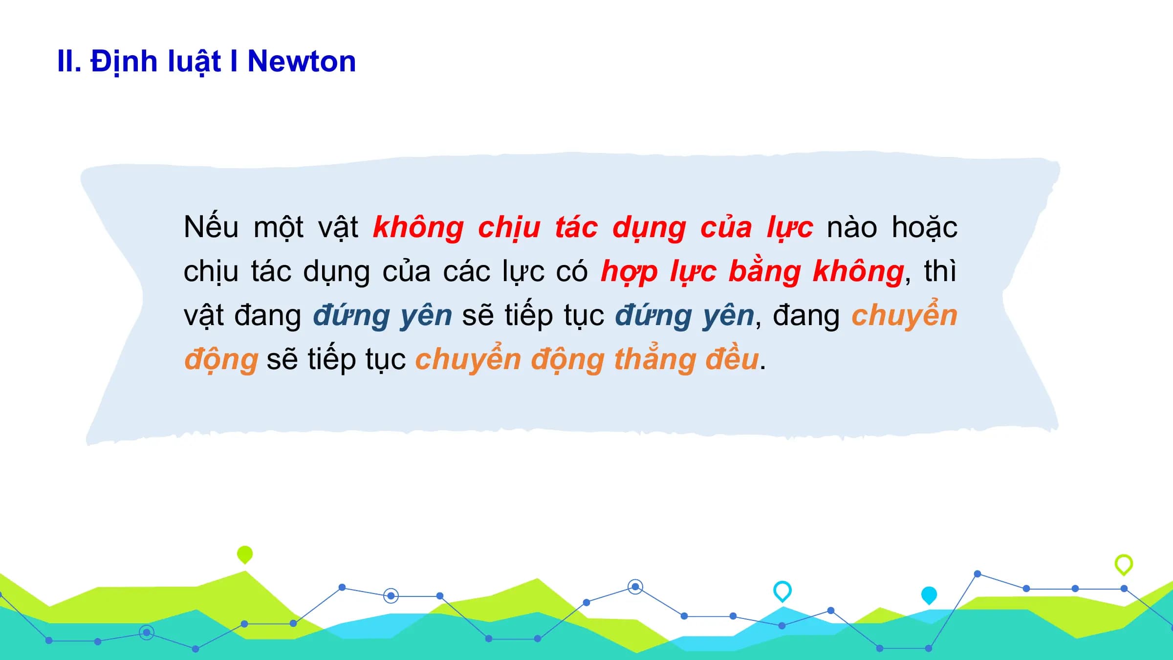 II. Định luật I Newton

 Nếu một vật không chịu tác dụng của lực nào hoặc
 chịu tác dụng của các lực có hợp lực bằng không, thì
 vật đang đứng yên sẽ tiếp tục đứng yên, đang chuyển
 động sẽ tiếp tục chuyển động thẳng đều.