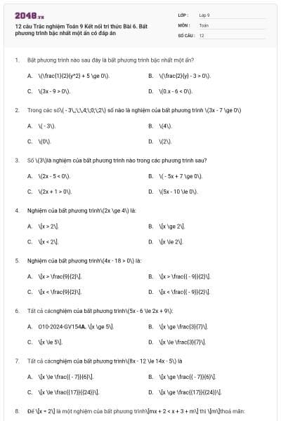 12 câu Trắc nghiệm Toán 9 Kết nối tri thức Bài 6. Bất phương trình bậc nhất một ẩn có đáp án