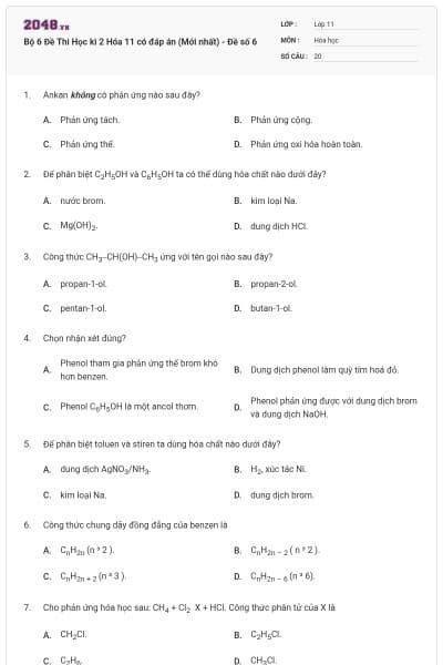 Bộ 6 Đề Thi Học kì 2 Hóa 11 có đáp án (Mới nhất) - Đề số  6