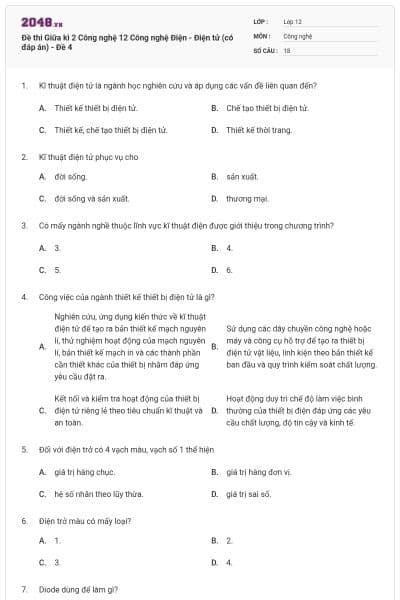 Đề thi Giữa kì 2 Công nghệ 12 Công nghệ Điện - Điện tử (có đáp án) - Đề 4
