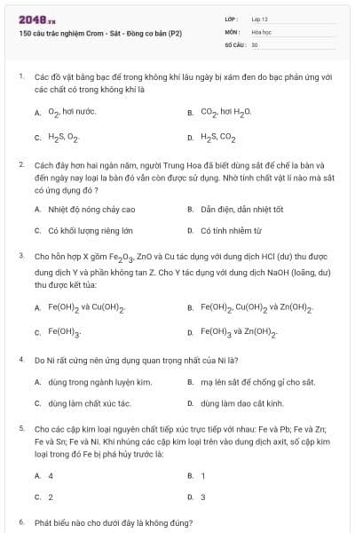 150 câu trắc nghiệm Crom - Sắt - Đồng cơ bản (P2)