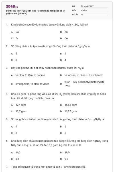 Đề thi thử THPTQG 2019 Hóa Học mức độ nâng cao có lời giải chi tiết (đề số 4)