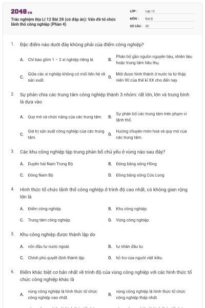 Trắc nghiệm Địa Lí 12 Bài 28 (có đáp án): Vấn đề tổ chức lãnh thổ công nghiệp (Phần 4)