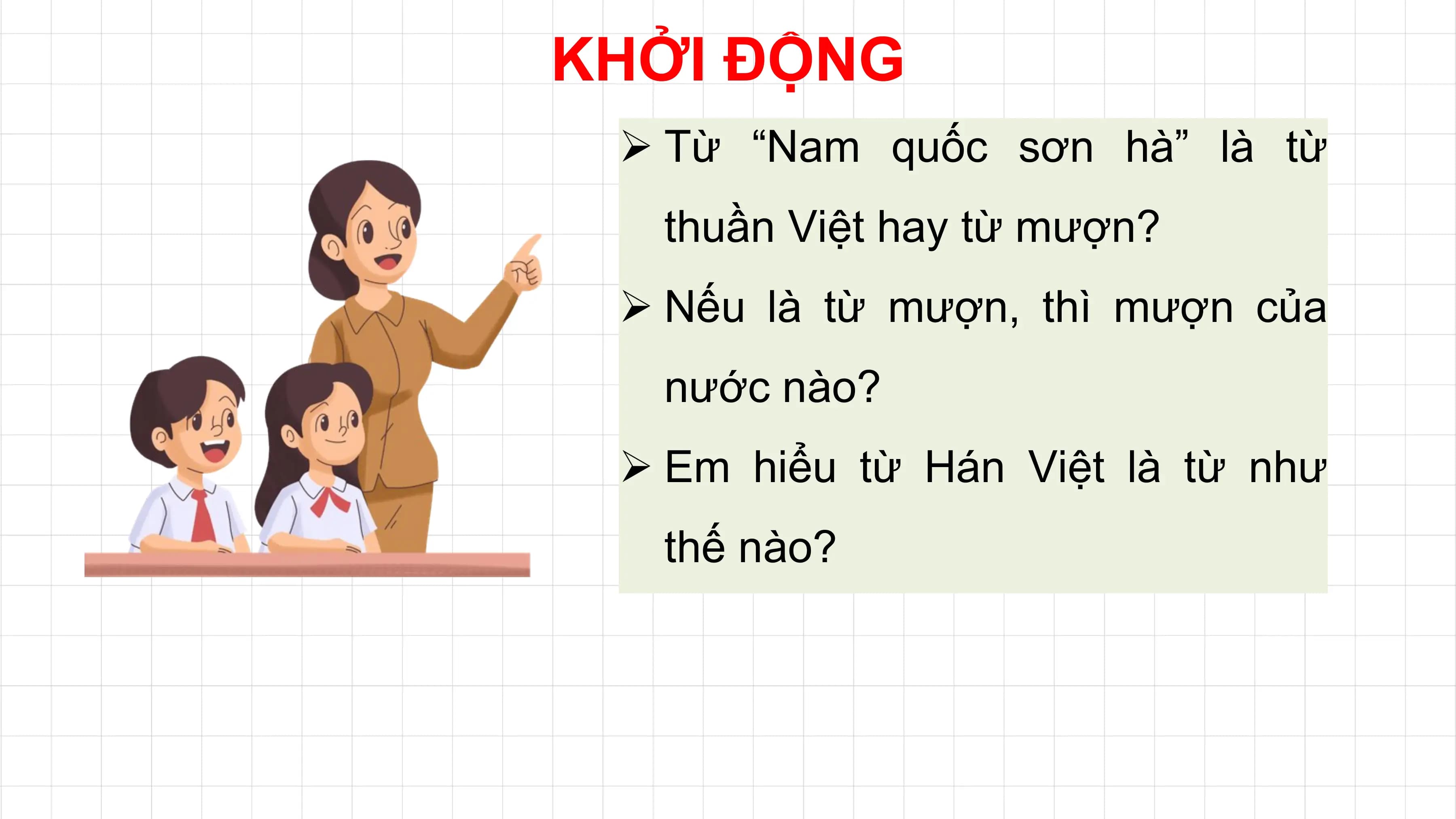 KHỞI ĐỘNG
 Ø Từ “Nam quốc sơn hà” là từ
 thuần Việt hay từ mượn?
 Ø Nếu là từ mượn, thì mượn của
 nước nào?
 Ø Em hiểu từ Hán Việt là từ như
 thế nào?