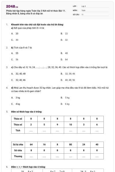 Phiếu bài tập hàng ngày Toán lớp 3 Kết nối tri thức Bài 11. Bảng nhân 8, bảng chia 8 có đáp án