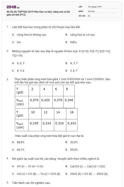 Đề Ôn thi THPTQG 2019 Hóa Học cơ bản, nâng cao có lời giải chi tiết (P12)