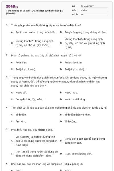 Tổng hợp đề ôn thi THPTQG Hóa Học cực hay có lời giải (Đề số 9)