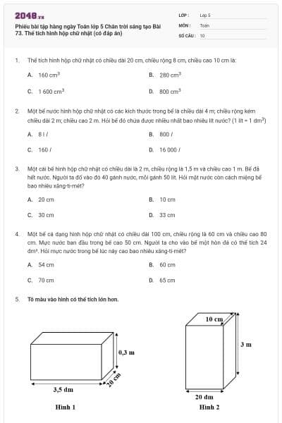 Phiếu bài tập hàng ngày Toán lớp 5 Chân trời sáng tạo Bài 73. Thể tích hình hộp chữ nhật (có đáp án)