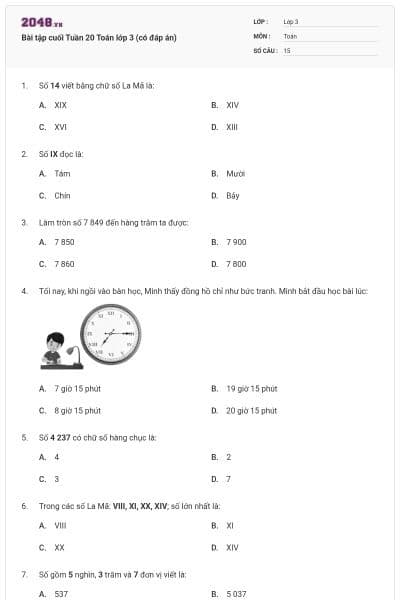 Bài tập cuối Tuần 20 Toán lớp 3 (có đáp án)