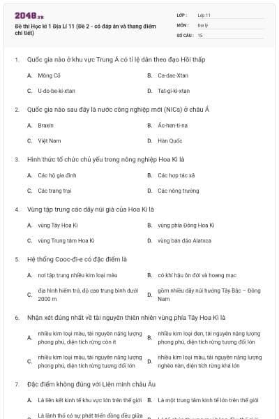 Đề thi Học kì 1 Địa Lí 11 (Đề 2 - có đáp án và thang điểm chi tiết)