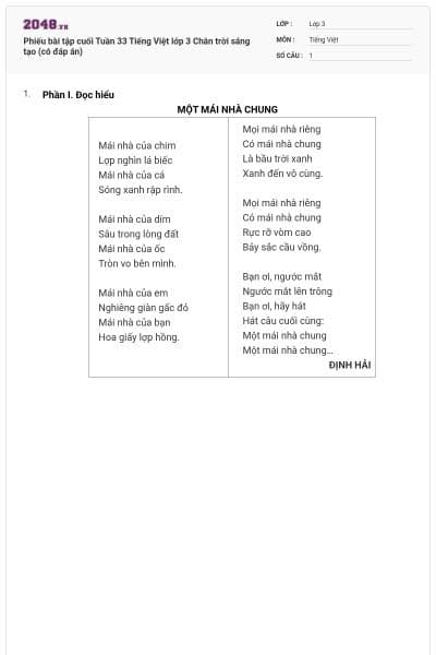 Phiếu bài tập cuối Tuần 33 Tiếng Việt lớp 3 Chân trời sáng tạo (có đáp án)