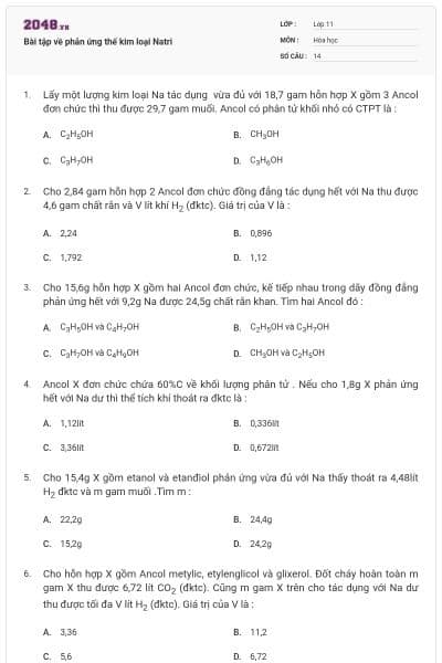 Bài tập về phản ứng thế kim loại Natri