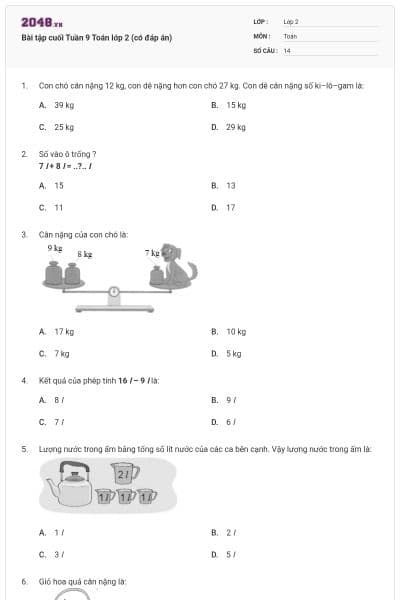 Bài tập cuối Tuần 9 Toán lớp 2 (có đáp án)