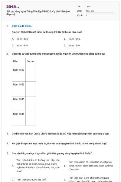 Bài tập hàng ngày Tiếng Việt lớp 5 Bài 20: Cụ đồ Chiểu (có đáp án)