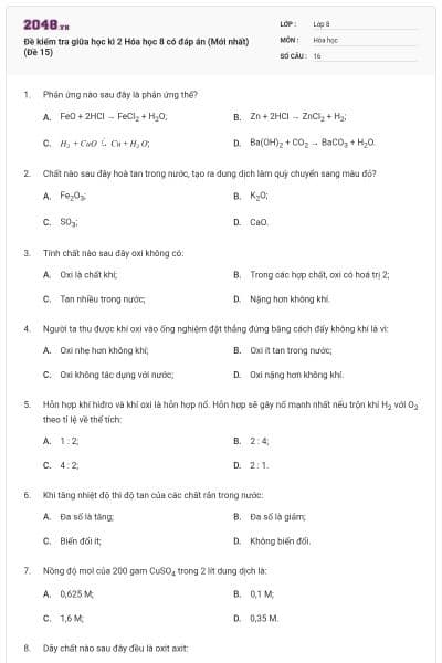 Đề kiểm tra giữa học kì 2 Hóa học 8 có đáp án (Mới nhất) (Đề 15)