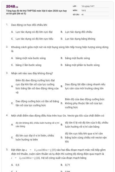 Tổng hợp đề thi thử THPTQG môn Vật lí năm 2020 cực hay có lời giải (Đề số 5)
