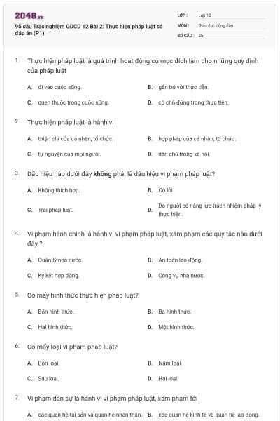 95  câu Trắc nghiệm GDCD 12 Bài 2: Thực hiện pháp luật có đáp án (P1)