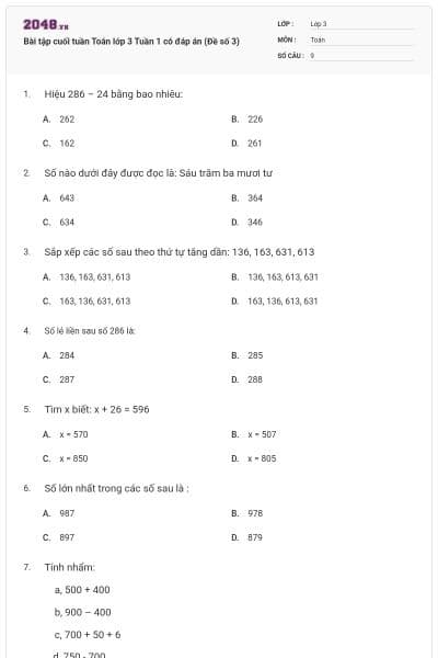 Bài tập cuối tuần Toán lớp 3 Tuần 1 có đáp án (Đề số 3)