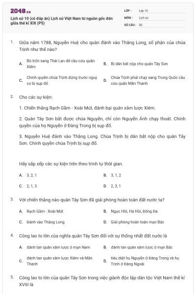 Lịch sử 10 (có đáp án) Lịch sử Việt Nam từ nguồn gốc đến giữa thế kỉ XIX (P5)