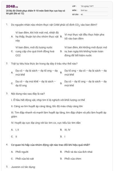20 Bộ đề Chinh phục điểm 9-10 môn Sinh Học cực hay có lời giải (Đề số 12)