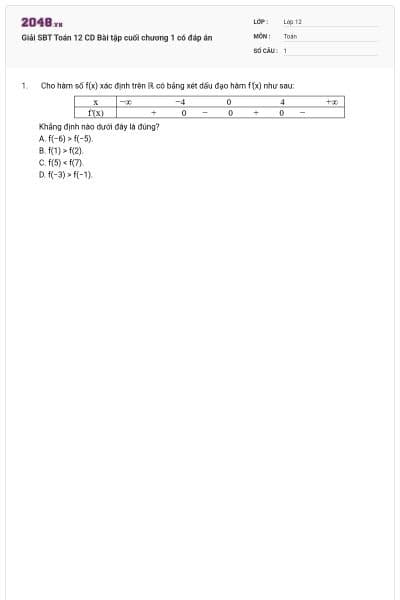 Giải SBT Toán 12 CD Bài tập cuối chương 1 có đáp án