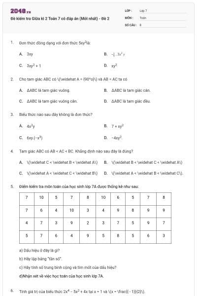 Đề kiểm tra Giữa kì 2 Toán 7 có đáp án (Mới nhất) - Đề 2