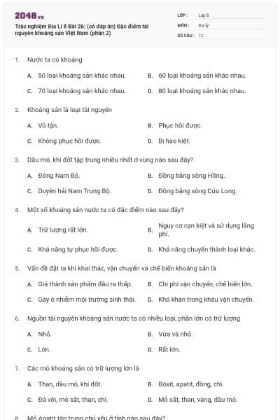 Trắc nghiệm Địa Lí 8 Bài 26: (có đáp án) Đặc điểm tài nguyên khoáng sản Việt Nam (phần 2)