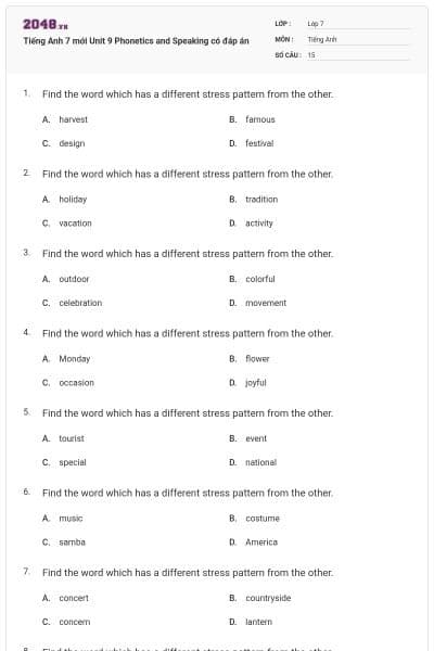 Tiếng Anh 7 mới Unit 9 Phonetics and Speaking có đáp án