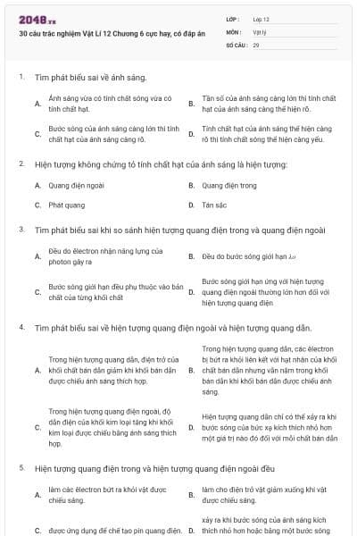 30 câu trắc nghiệm Vật Lí 12 Chương 6 cực hay, có đáp án