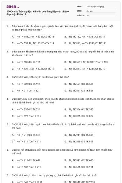 1000+ câu Trắc nghiệm Kế toán doanh nghiệp vận tải (có đáp án) - Phần 19