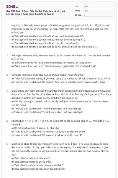 Giải SBT Toán 8 Cánh Diều Bài 24: Phân tích và xử lý dữ liệu thu được ở dạng bảng, biểu đồ có đáp án