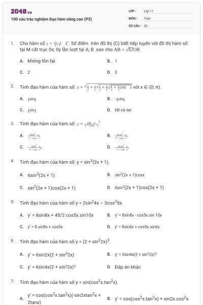 100 câu trắc nghiệm Đạo hàm nâng cao (P3)