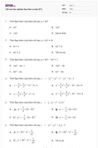 100 câu trắc nghiệm Đạo hàm cơ bản (P1)
