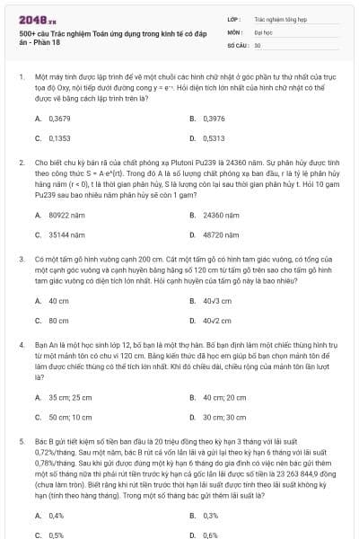 500+ câu Trắc nghiệm Toán ứng dụng trong kinh tế có đáp án - Phần 18