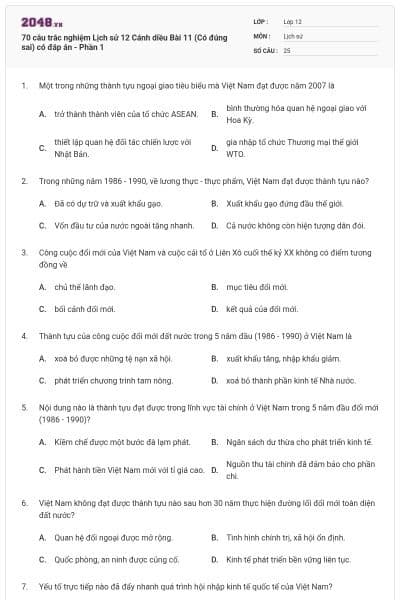 70 câu trắc nghiệm Lịch sử 12 Cánh diều Bài 11 (Có đúng sai) có đáp án - Phần 1