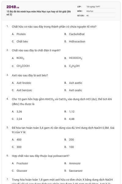 15 Bộ đề thi minh họa môn Hóa Học cực hay có lời giải (Đề số 3)