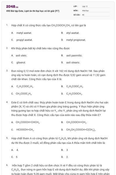 490 Bài tập Este, Lipit ôn thi Đại học có lời giải (P7)