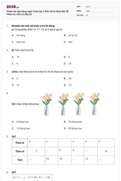 Phiếu bài tập hàng ngày Toán lớp 2 Kết nối tri thức Bài 38. Thừa số, tích có đáp án