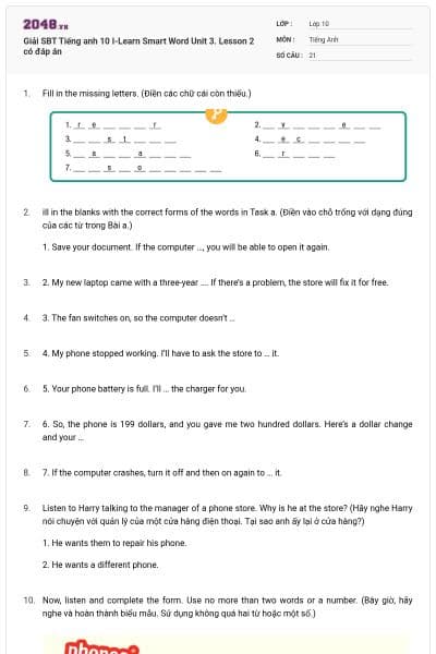 Giải SBT Tiếng anh 10 I-Learn Smart Word Unit 3. Lesson 2 có đáp án
