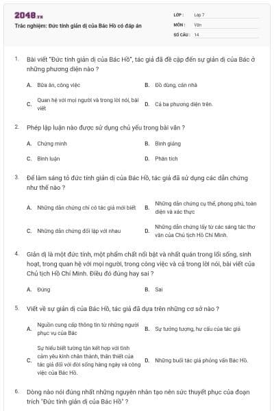 Trắc nghiệm: Đức tính giản dị của Bác Hồ có đáp án
