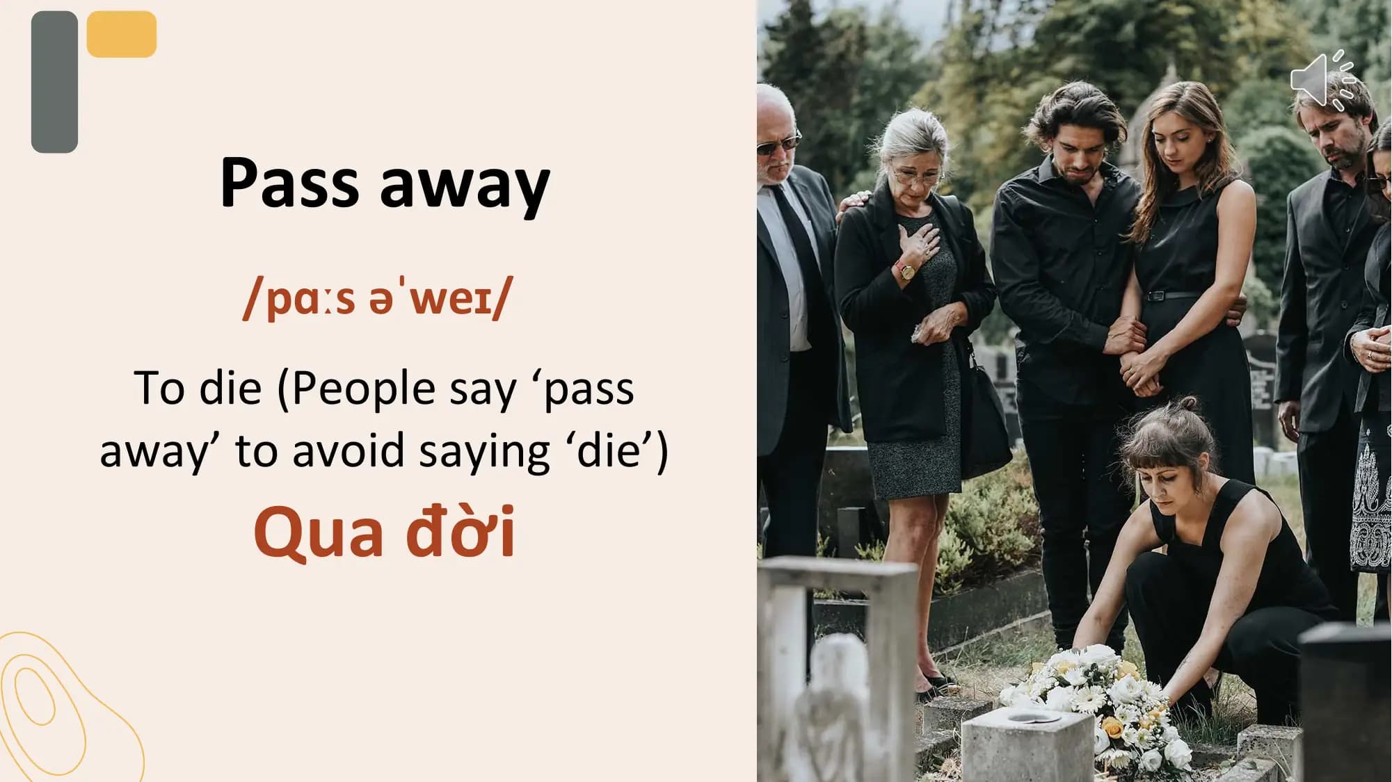 Pass away
 /pɑːs əˈweɪ/
 To die (People say ‘pass
away’ to avoid saying ‘die’)
 Qua đời