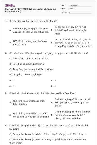 Chuyên đề ôn thi THPTQG Sinh học cực hay có đáp án cưc hay (Chuyên đề 7)