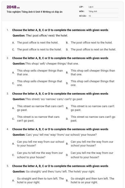 Trắc nghiệm Tiếng Anh 6 Unit 4 Writing có đáp án
