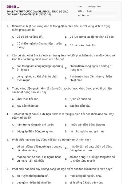 BỘ ĐỀ THI THPT QUỐC GIA CHUẨN CẤU TRÚC BỘ GIÁO DỤC & ĐÀO TẠO MÔN ĐỊA LÍ (ĐỀ SỐ 10)