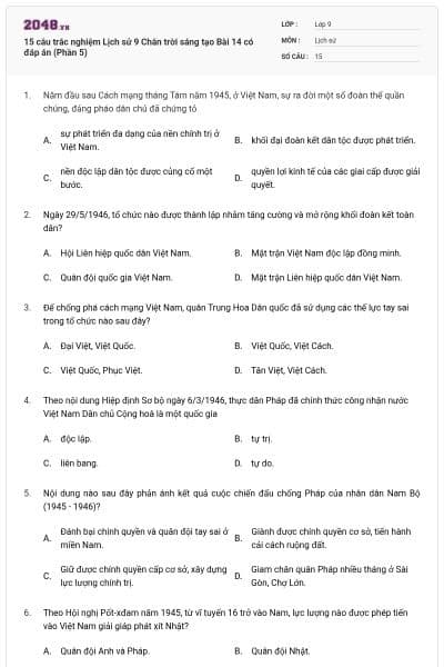 15 câu trắc nghiệm Lịch sử 9 Chân trời sáng tạo Bài 14 có đáp án (Phần 5)