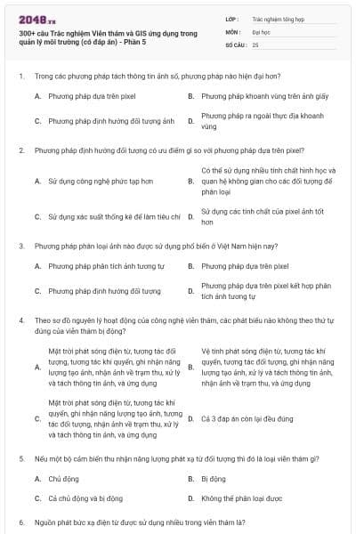 300+ câu Trắc nghiệm Viễn thám và GIS ứng dụng trong quản lý môi trường (có đáp án) - Phần 5